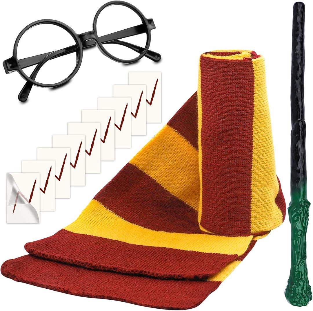 Wizard Costume Accessories Set Novelty Scarf Wizard Wand Glasses with Round Frame No Lenses Tattoos for Kids Birthday Party Cosplay Costume Accessories Halloween Party