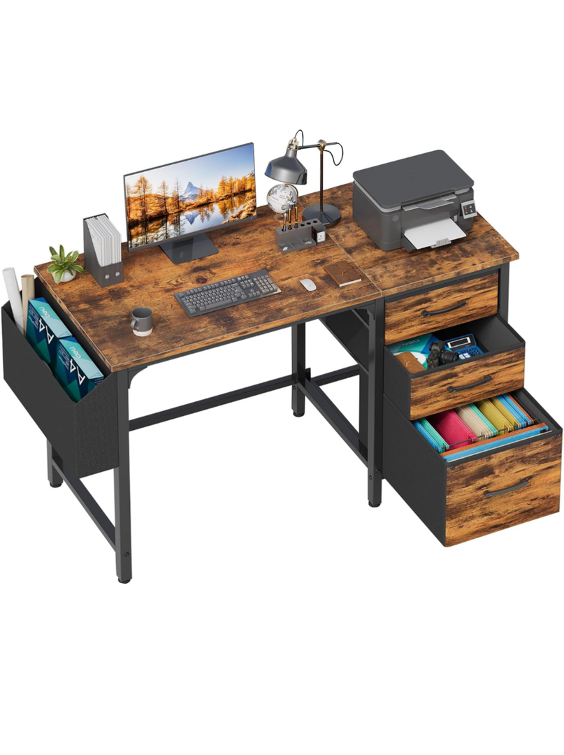 Lufeiya Computer Desk with Fabric File Drawers Cabinet, 47 Inch Reversible Home Office Desks with Filing Cabinet for Small Space, Study Writing Table PC Desks, Rustic Brown