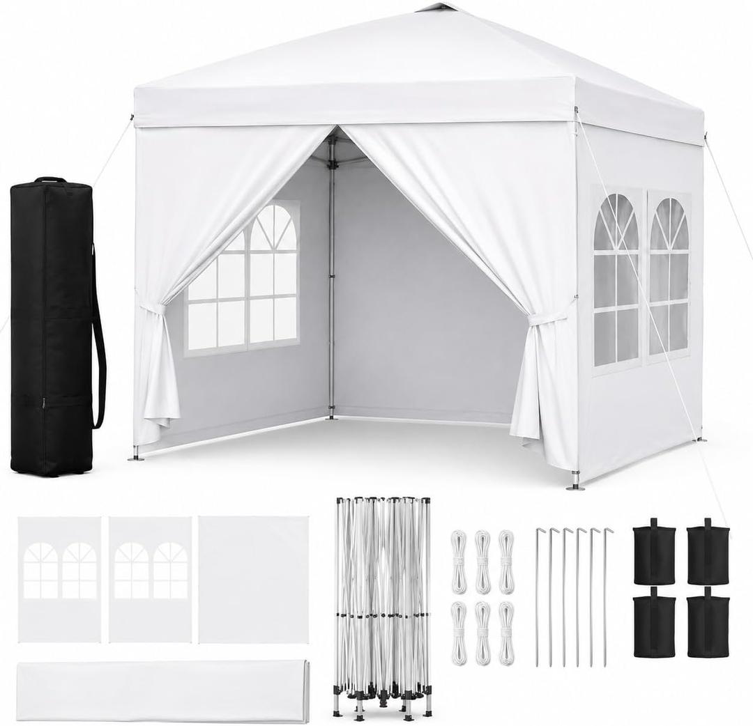 Garvee 10x10 Pop Up Canopy Tent, 4 Sidewalls, One-Button Setup, White | Removable panels, zippered entry, steel frame, UV- and water-resistant fabric, for patios, camping and outdoor events