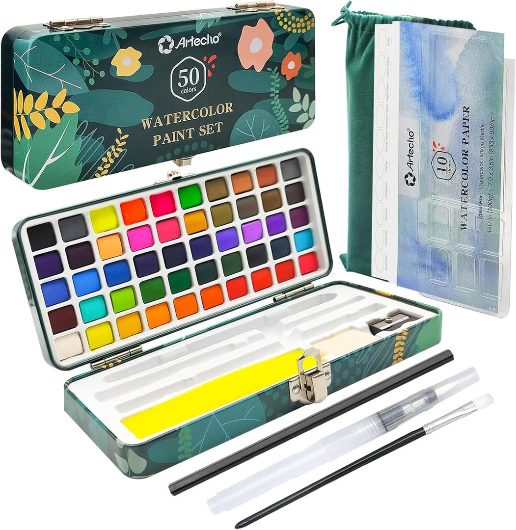 Artecho Watercolor Paint Set 50 Colors, Travel Watercolor Set with Watercolor Papers and Brushes, Ideal for Amateur Hobbyists, Painting Lovers and Artists