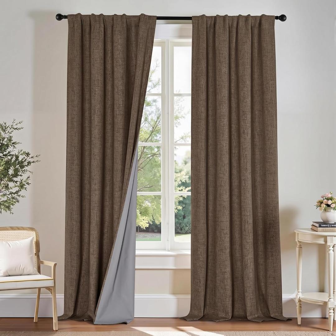 PONY DANCE Linen 100% Blackout Curtains 90 inches Long for Bedroom Living Room Darkening Full Black Out Rod Pocket Back Tab Textured Thermal Insulated Window Curtain Drapes,2 Panels Set,Brown