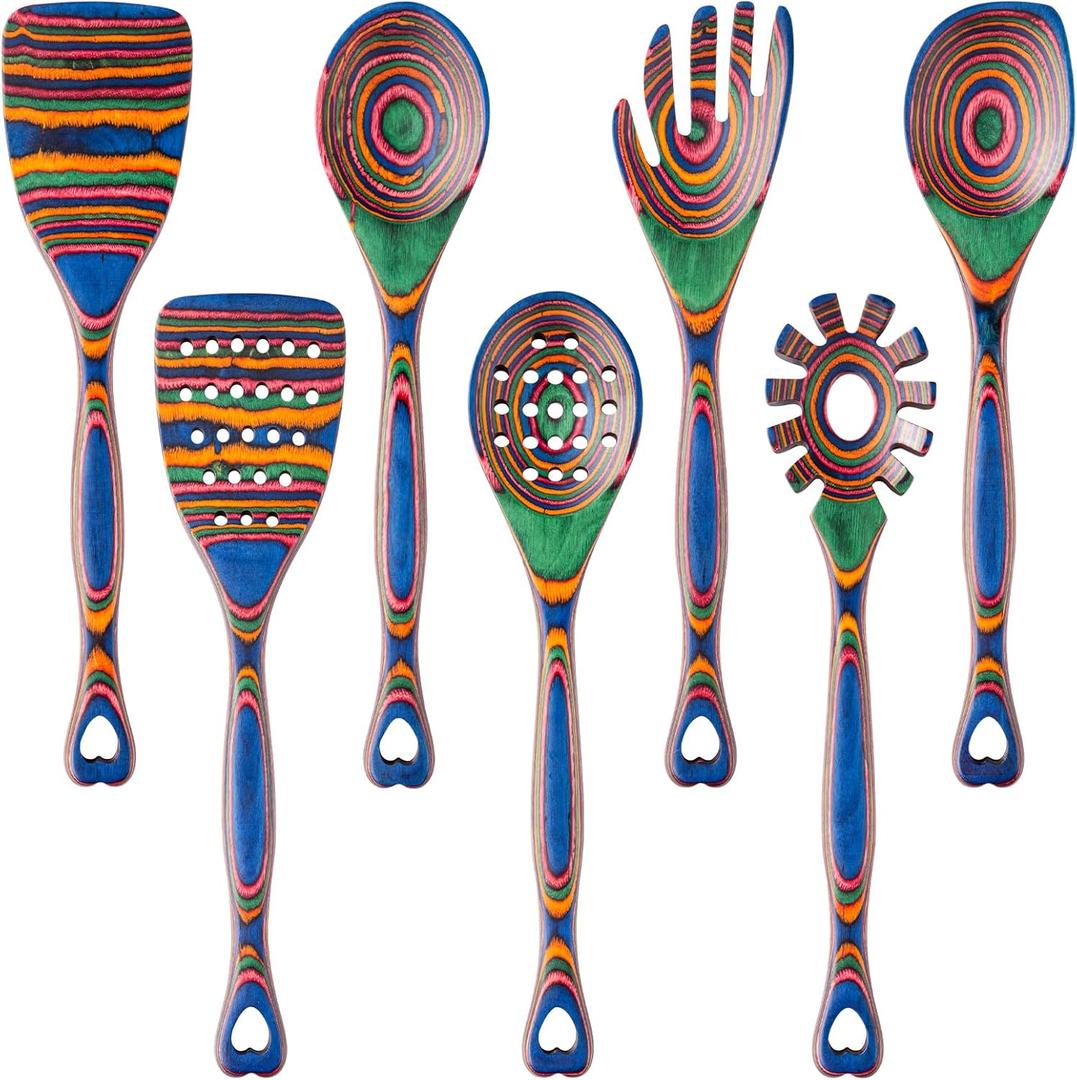 Gudamaye Pakkawood 7-Piece Wooden Cooking Utensils, Wooden Spoons for cooking, Pakkawood kitchen Utensils for Cooking, Non-Stick Spoon, Household Essentials, Heat-Resistant Spoons