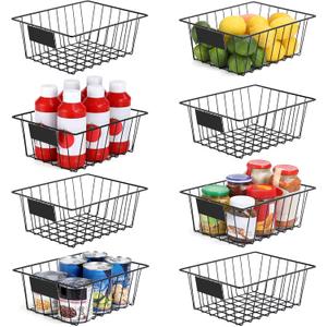 8 Pack Wire Storage Baskets for Organizing with Removable Tags, Pantry Organization Bins for Kitchen Cabinets, Closet - Metal Basket for Laundry, Garage, Refridge, Bathroom Countertop Organizer, Black