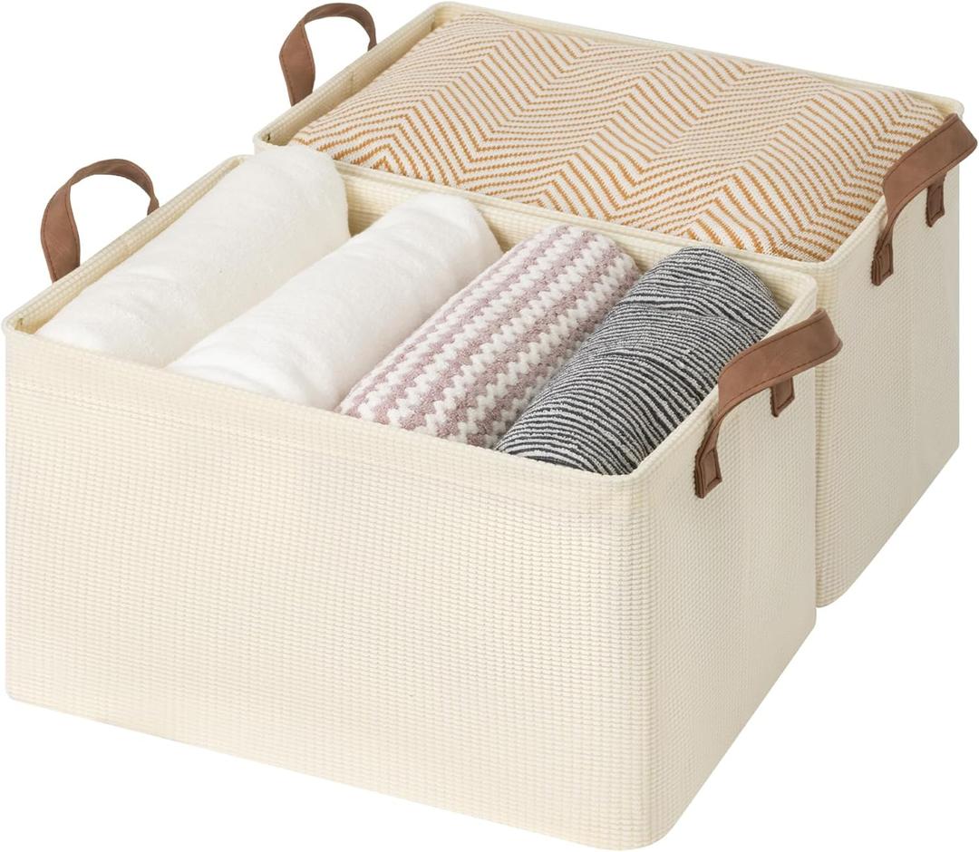 StorageWorks Storage Bins, Shelves Baskets for Organizing, Large Fabric Closet Organizers with Handles, Metal Frame, Beige?Texture?, 2-Pack