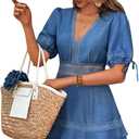 SOLY HUX Women's Summer Dress Hollow Out Lace V Neck Puff Short Sleeve A Line Layered Short Dresses (Blue, L)