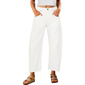Utyful Barrel Jeans Women Cropped Baggy Trendy High Waisted Distressed Loose Stretch Denim Trouser Jeans with Pockets (White, S)