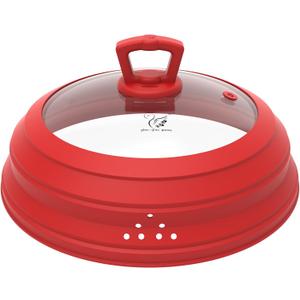 Microwave Splatter Cover Vented Glass Splatter Guard Lid with Collapsible Silicone for Food as Pot Cover Plate 10.8 inch (Red)