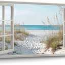 Beach Window Wall Art Canvas: Relaxing Bedroom Living Room Blue Ocean Coastal Scene Picture Modern Tropical Sea Landscape Painting Print Decor Horizontal Summer Seascape Artwork for Home