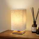 Small Square Bedside Table Lamp for Bedroom, Minimalist Wood Base & Round Fabric Shade, Mini Cute Cozy Warm Nightstand Boho Lamp, Study Desk Night Stand Light for Room, Dorm, Nursery, Living Room