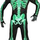 Adult Skeleton Costume Glow in the Dark Skeleton Jumpsuit with Hooded Cosplay Halloween Costumes (Green, XL)