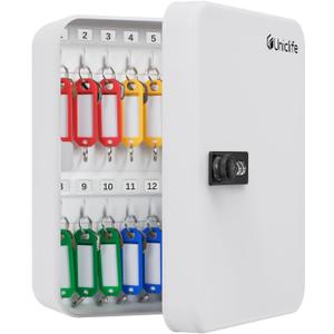 Uniclife 28-Key Steel Key Cabinet with Combination Lock Wall Mounted Key Organizer with Resettable Code White Digital Security Box with Hooks and Large Key Tag Labels Identifiers in 5 Assorted Colors