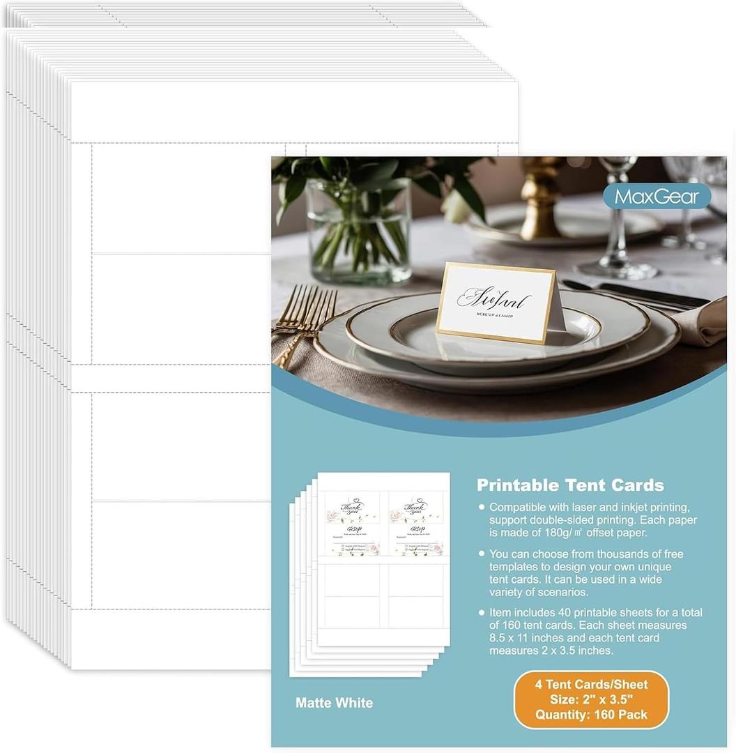 MaxGear Printable Place Cards, 160Pcs Blank Name Cards for Table Setting, 2" x 3.5" Tent Card for Laser/Inkjet Printers, Seating & Place Setting Card for Events
