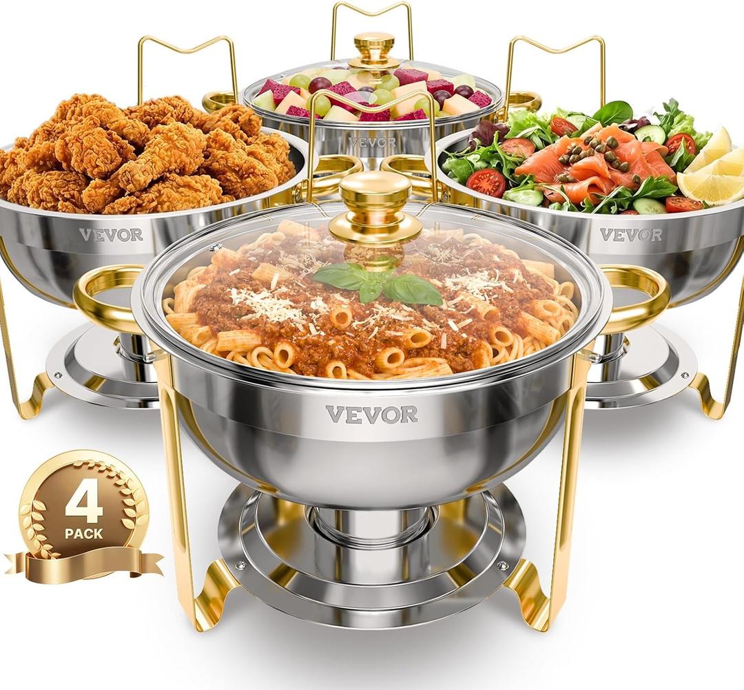 VEVOR Chafing Dish Buffet Set, 5 Qt 4 Pack, Stainless Steel Chafer with 4 Full Size Pan, Round Catering Warmer Server with Glass Lid Water Pan Folding Stand Fuel Holder, for Wedding Banquet, Gold