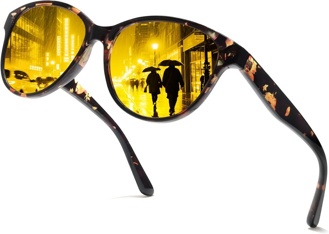 Chicid Night Driving Glasses for Women, Polarized Night Vision Glasses Anti-Glare UV400 Protection (A03 Floral Brown Frame/Yellow Lens)