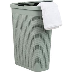 Mind Reader Slim Laundry Hamper with Lid, 40L Clothes Basket, Premium Wicker Design, Plastic, Mint (Single)