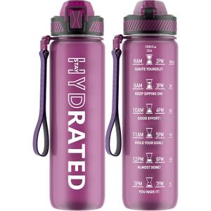 Water Bottle with Straw, 32oz Motivational Water Bottles with Time Marker to Drink, Tritan BPA Free, 1L Sports Water Bottle with Carry Strap LeakProof for Women Gym Fitness Outdoor (1 Pack) (Rose Red)