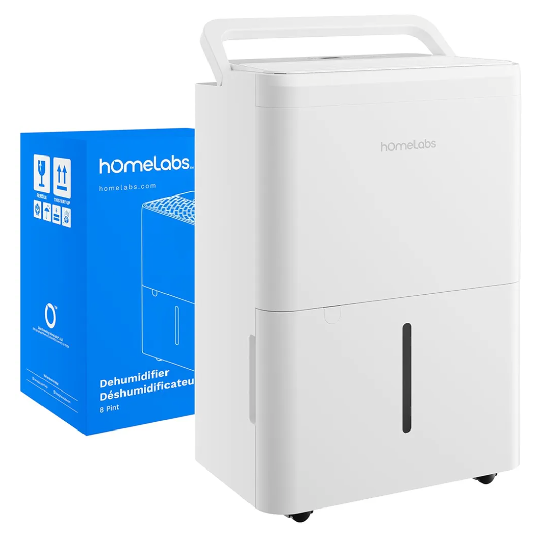 hOmeLabs 8 Pint Wi-Fi Dehumidifier for up to 1,800 Sq Ft Rooms (MAX 24 Pint at 95°F, 90% RH) – Ultra Quiet, Compact Design with Smart Controls and Drain Hose