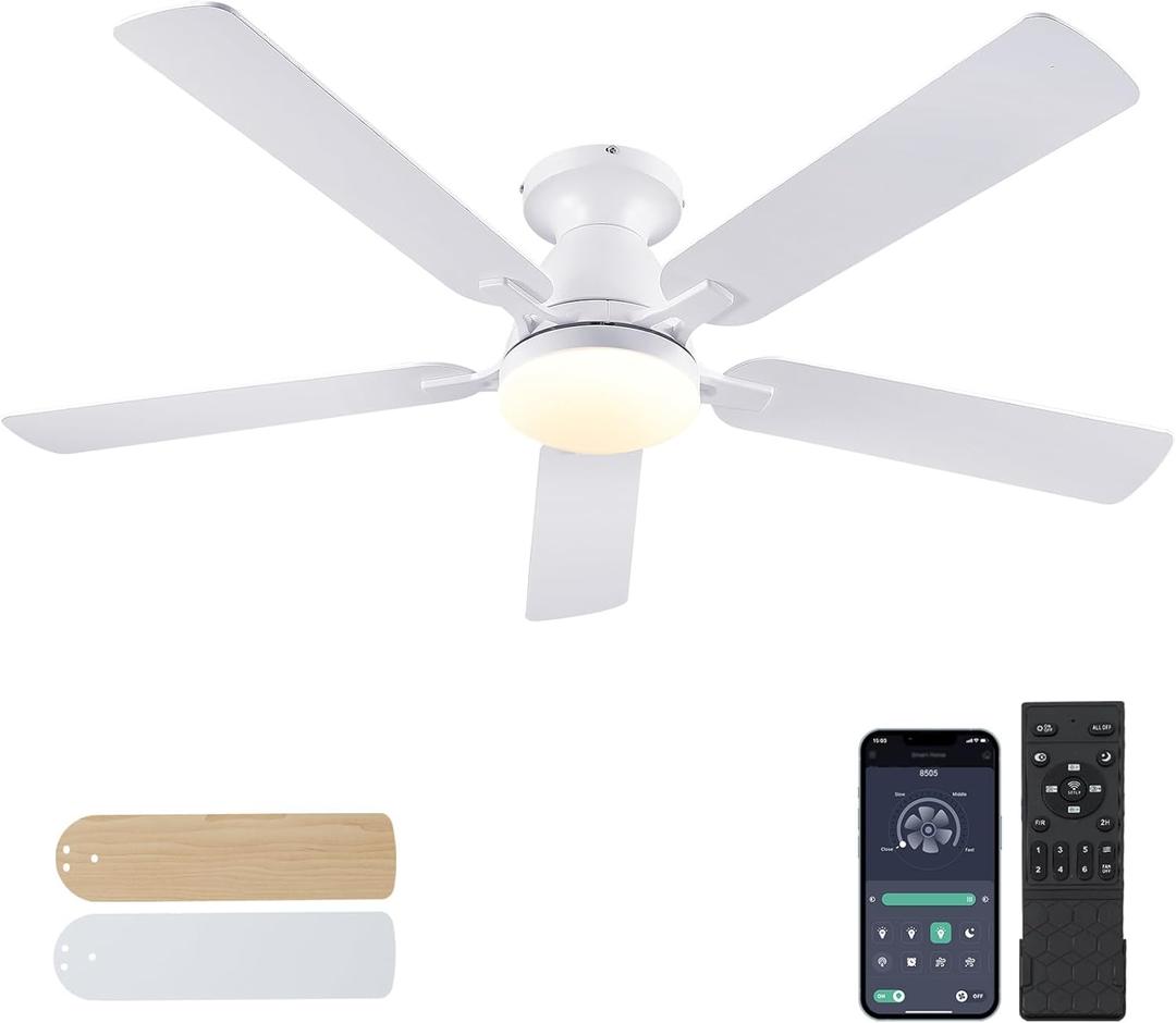 Modern 56" Flush Mount Ceiling Fan with Light and Remote/APP Control, Low Profile, Reversible, Dimmable, Noiseless, White Fan for Bedroom (White-56in)