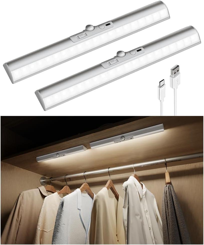 EZVALO 15-inch Motion Closet Lights with Rotatable Sensor, Rechargeable Under Cabinet Lighting, No-Glare, 3 Color Temps & Dimmable LED Sensor Light Indoor for Pantry, Wardrobe - 2 Pack