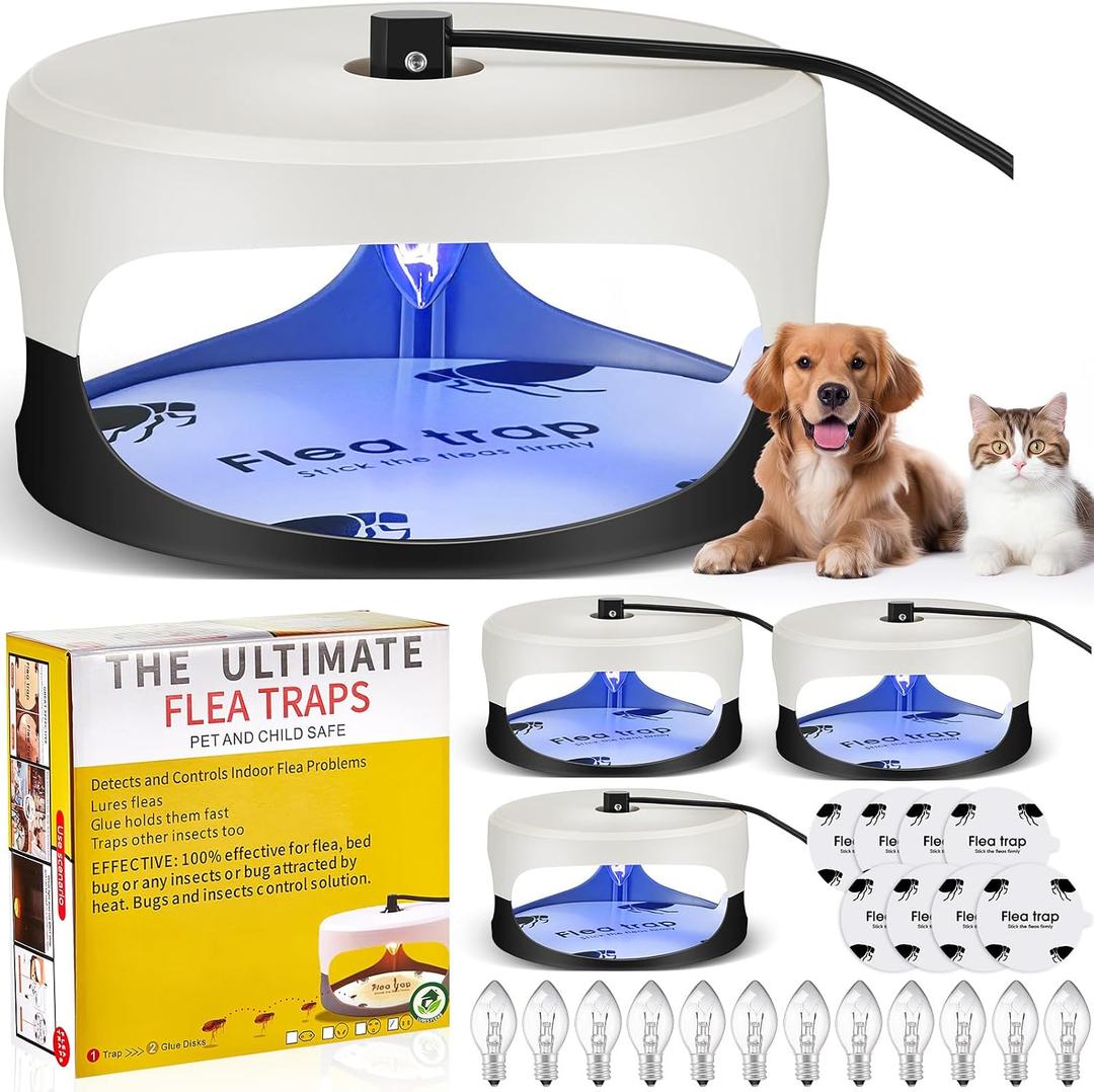 Qualirey 4 Packs Flea Traps for Inside Your Home with 8 Sticky Disc 12 Bulbs 4 Electric Wires, Pest Insects Killer Bed Bug with Light for Indoor Safe to Pets(Round Flea Trap,Black, White)