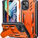 SOiOS for iPhone 13/14/15 Phone Case: for iPhone 16e Protective Cover with Built-in Kickstand | Heavy Duty Military Grade Hard Protection Shock Proof | Durable Dual-Layer Design Orange