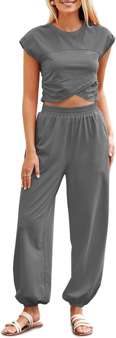 Fisoew Women's Two Piece Outfits Casual Lounge Sets Crop Tops and Joggers Tracksuit with Pockets, Medium, Dark Grey