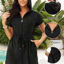 Yonique Terry Cloth Cover Ups - Hooded Cotton Swim Sun Cover-up with Zipper Pockets Beach Swimsuits (Black, M)