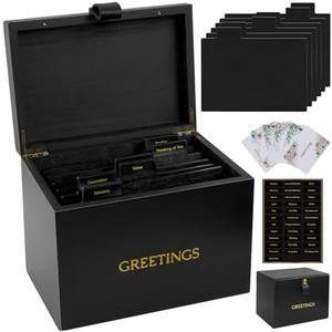 Bamboo Greeting Card Organizer Box - Engraved Floral, 6 Removable Dividers, Real Copper Leather Handle, Stores 100+ Cards, Greeting Card Storage Box for Birthday, Christmas, Valentine’s & More