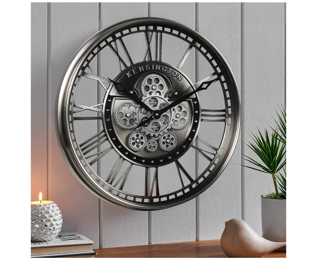 CLXEAST 21 Inch Modern Moving Gears Wall Clock for Living Room Decor,Industrial Steampunk Clocks for Farmhouse Home Decor,Roman Numerals,Gunmetal Nickel Finish