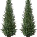 Set of 2 Pre-Potted 5 Feet Faux Cedar Tree, Lifelike UV Protected Front Door Decor, Porch, Garden, Entryway Topiary, Indoor/Outdoor Use - Ready to Display