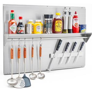 Wilprep Stainless Steel Stove Backsplash, 36"x24" Range Hood Backsplash with Storage Shelf Magnetic Knife Rack, Range Backsplash with Predrilled Holes, Stainless Steel Backsplash for Stove Range Hood