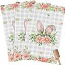 Pink Floral Easter Kitchen Towel Dish Cloths Set of 3, Microfiber Soft Kitchen Hand Towels, Spring Flowers Grey Plaid Pastoral Absorbent Quick Drying Dishcloths 18 x 28 Inches