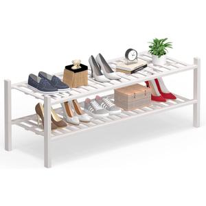 Haddockway Long 2 Tier Bamboo Shoe Rack Storage Organizer, Multifunctional Free Standing Stackable Shoe Shelf with Grid Panel for Closet,Hallway,Entryway,Small Space 34.2"x11"x13" (White)