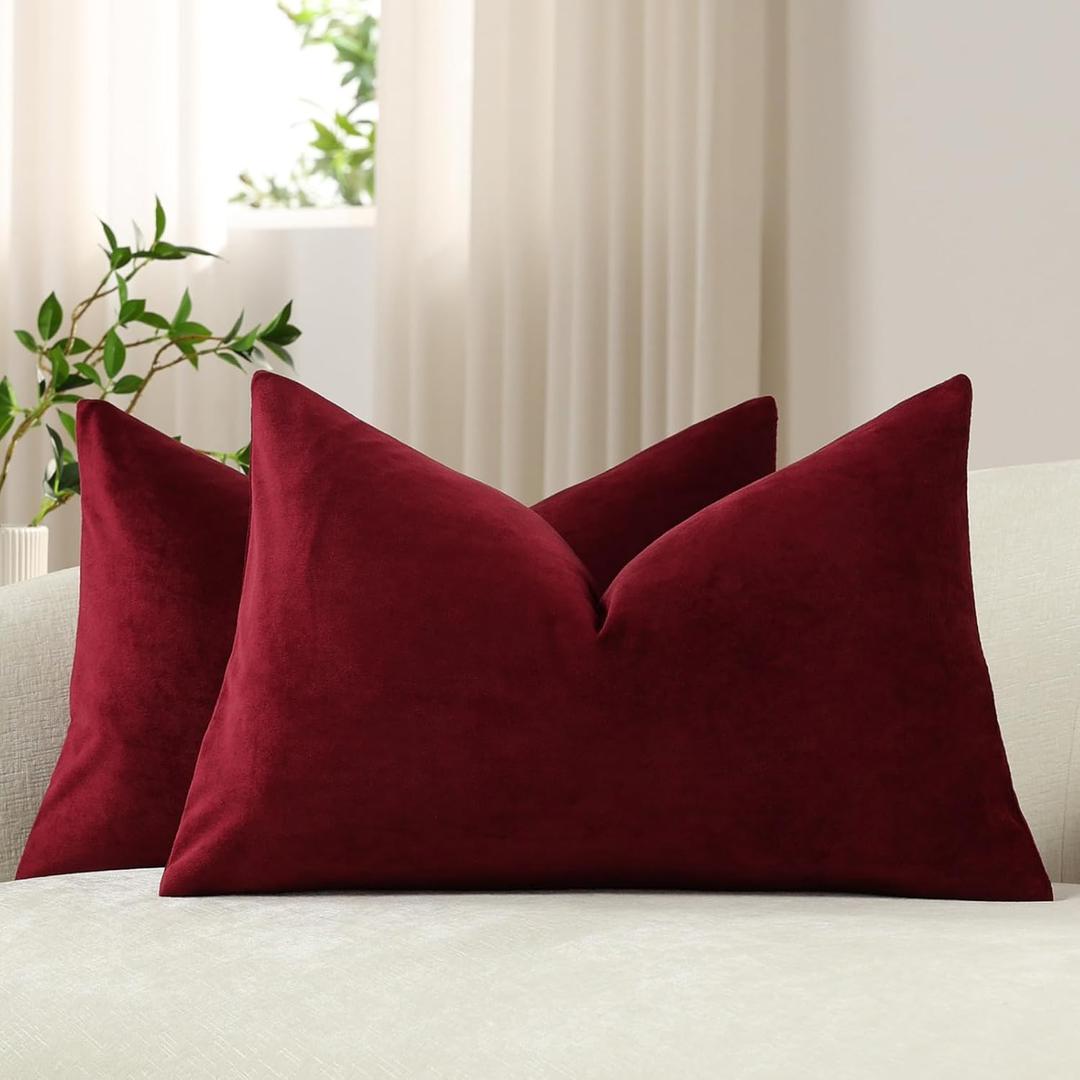 DEZENE Lumbar Pillow Covers 12x20 Wine Red: Pack of 2 Cozy Soft Velvet Rectangular Modern Luxury Decorative Throw Pillow Cases for Christmas Sofa Couch Living Room Bed Home Decor