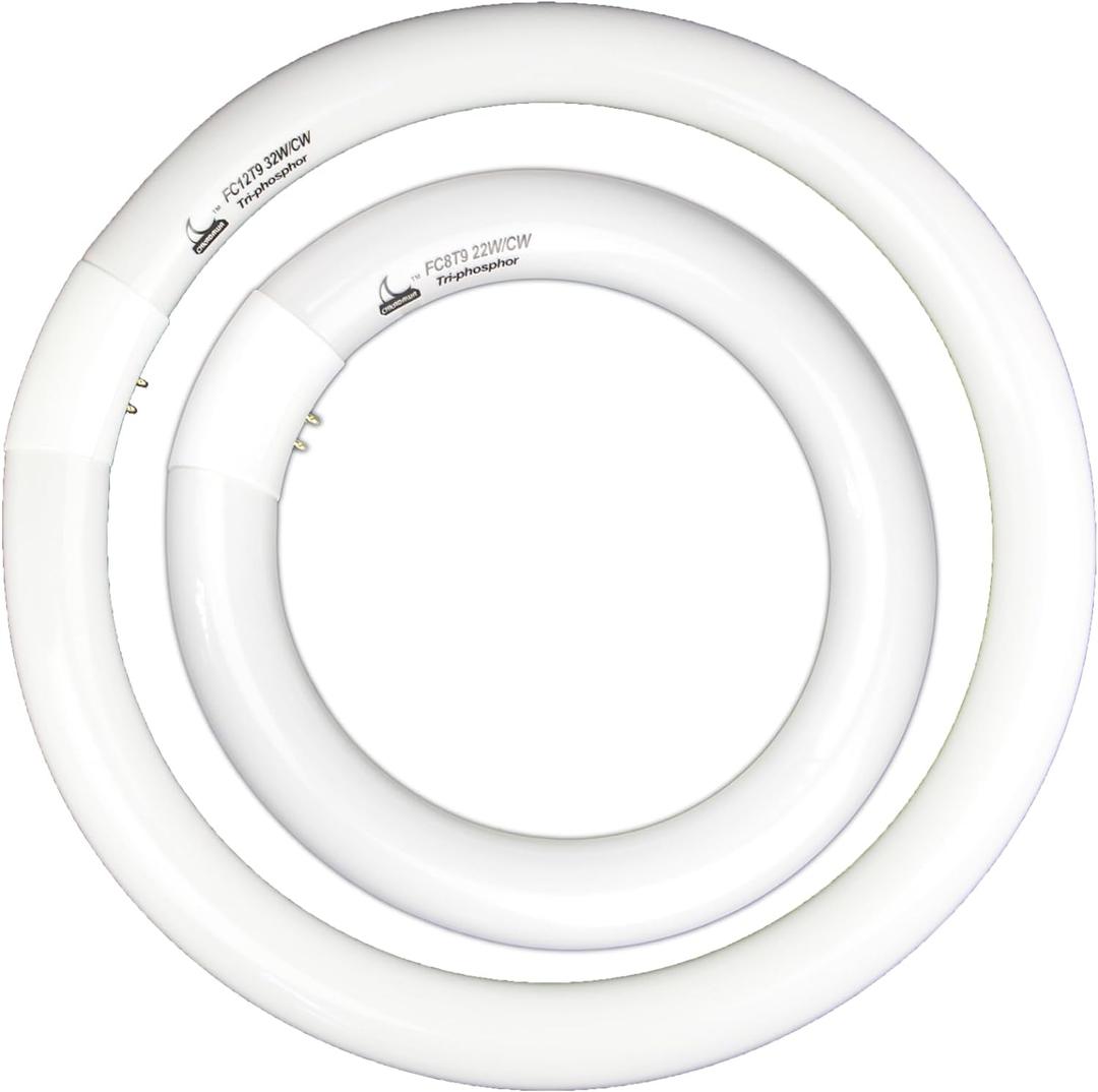 FC8T9/CW 22W and FC12T9/CW 32W Cool White Round Fluorescent Light Bulb Set, 8 inch T9 22 Watts & 12 inch 32 Watts Circular Bulbs Pack, Circline Kitchen and Bath Light Bulbs, CRI 80, 4100K, G10q Prong