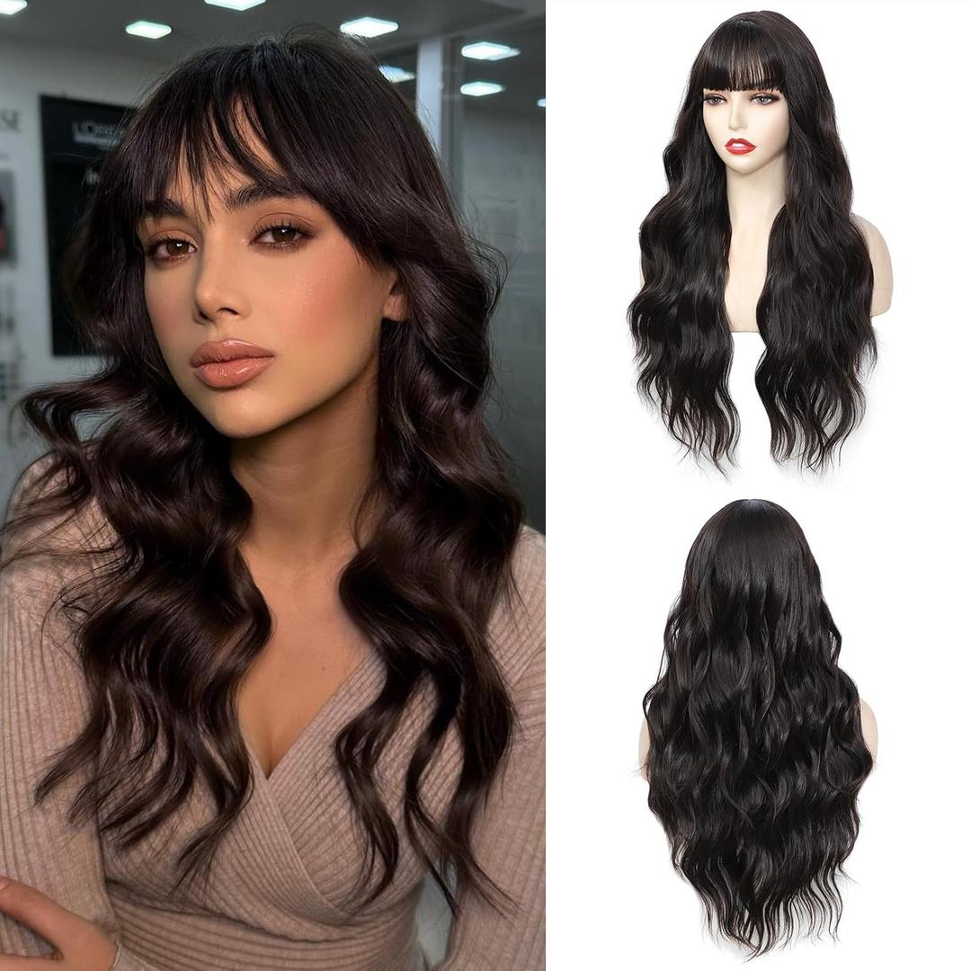 Dark Brown Wig With Bangs Long Wavy Wigs for Women 26 Inch Curly Wavy Wig With Bangs Natural Looking Synthetic Heat Resistant Fiber Wig for Daily Party Use