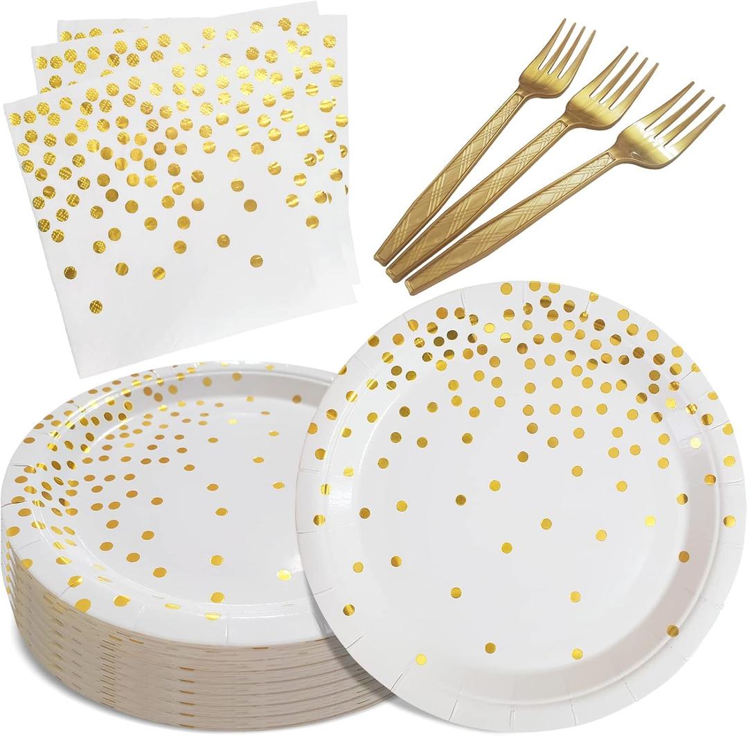White and Gold Paper Plates Napkins Party Supplies, Disposable Gold Dot Paper Dessert Plates, 105 PCS Birthday Plates and Napkins Party Supplies for Wedding (Serves 35 Guests 7")