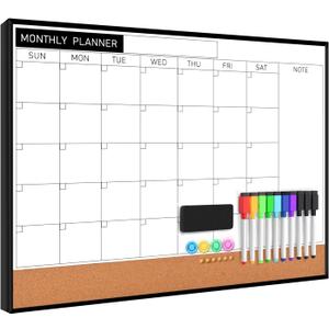 Dry Erase Calendar Cork Board Combo, 18 x 24 Inches Monthly Calendar Whiteboard for Wall, Magnetic White Board with Aluminium Alloy Frame, Hanging Dry Erase Board for Planner Office Kitchen Home Memo