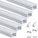 Muzata 5Pack 3.3FT/1M Recessed LED Channel with Milky White Cover U Shape Aluminum LED Strip Diffuser Channel U127 WW 1M