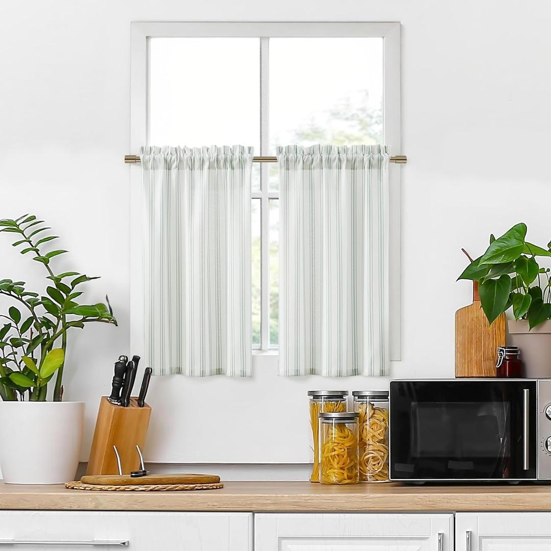 ZJDECOR Cotton Blended Tiers Cafe Panels 45 Inches Long,Green Vertical Stripe on White Light Filtering Fabric,Small Window Curtain for Bathroom Living Room,Rod Pocket,27"Wx45"L(Pack of 2),Green/White