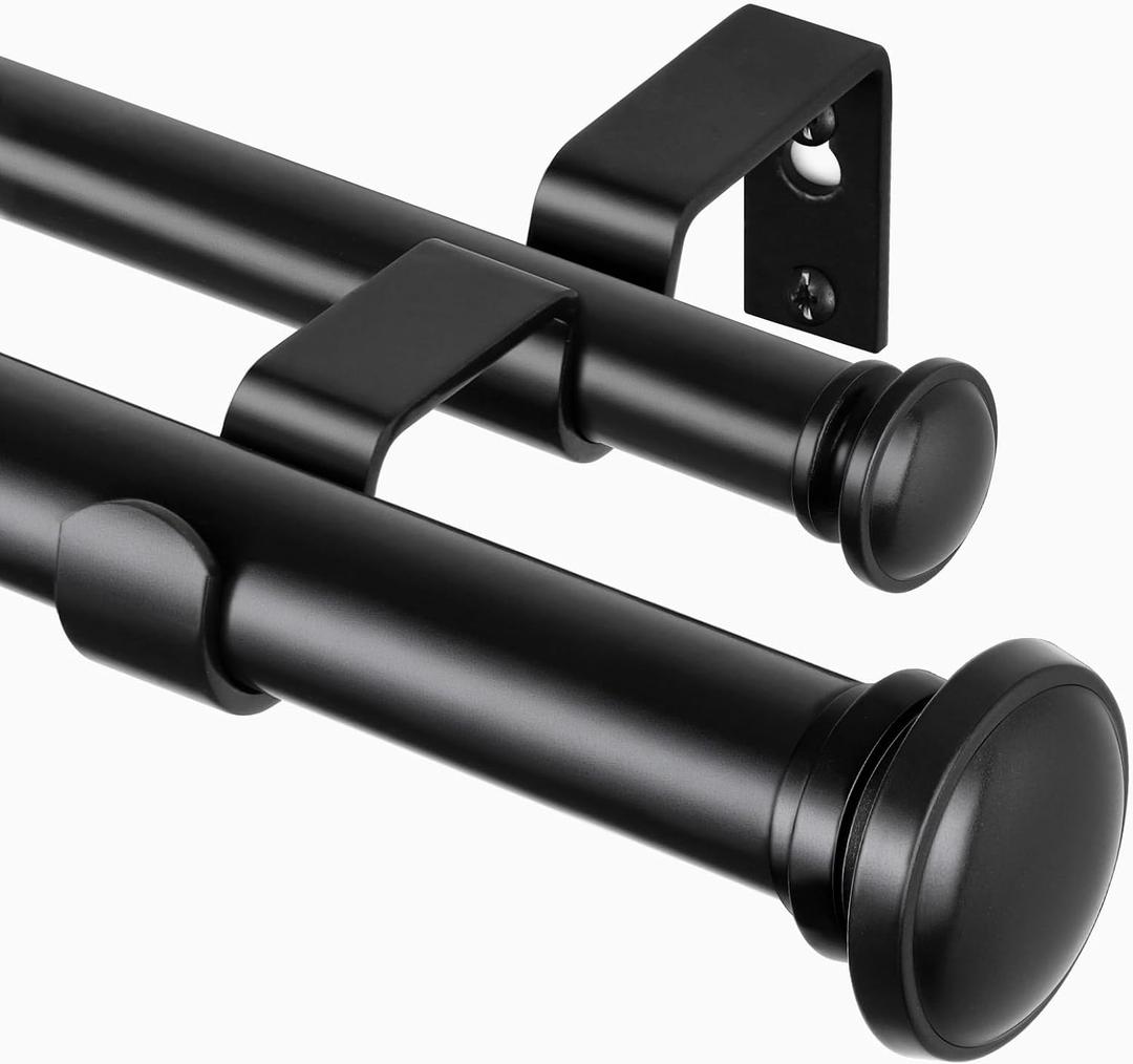 TONIAL 1 Inch Double Curtain Rods 66 to 120 Inches (5.5 to 10ft), Heavy Duty Decorative Drapery Rod Telescoping Splicing Dual Rod with Small Cap Finial, Black