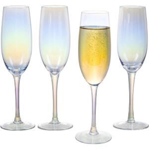 MyGift 7 oz Iridescent Stemmed Champagne Flute Glasses, Bubble Tone Rainbow Party Toasting Glasses, Set of 4 (Sky Blue)