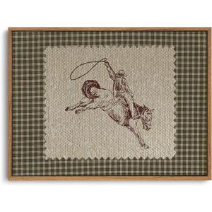 ZZLWBKGL Vintage Western Framed Wall Art Farmhouse Cowboy Canvas Wall Art Retro Gingham Plaid West Stamp Pictures Decor Mid Century Rodeo Art Prints for Living Room Bedroom