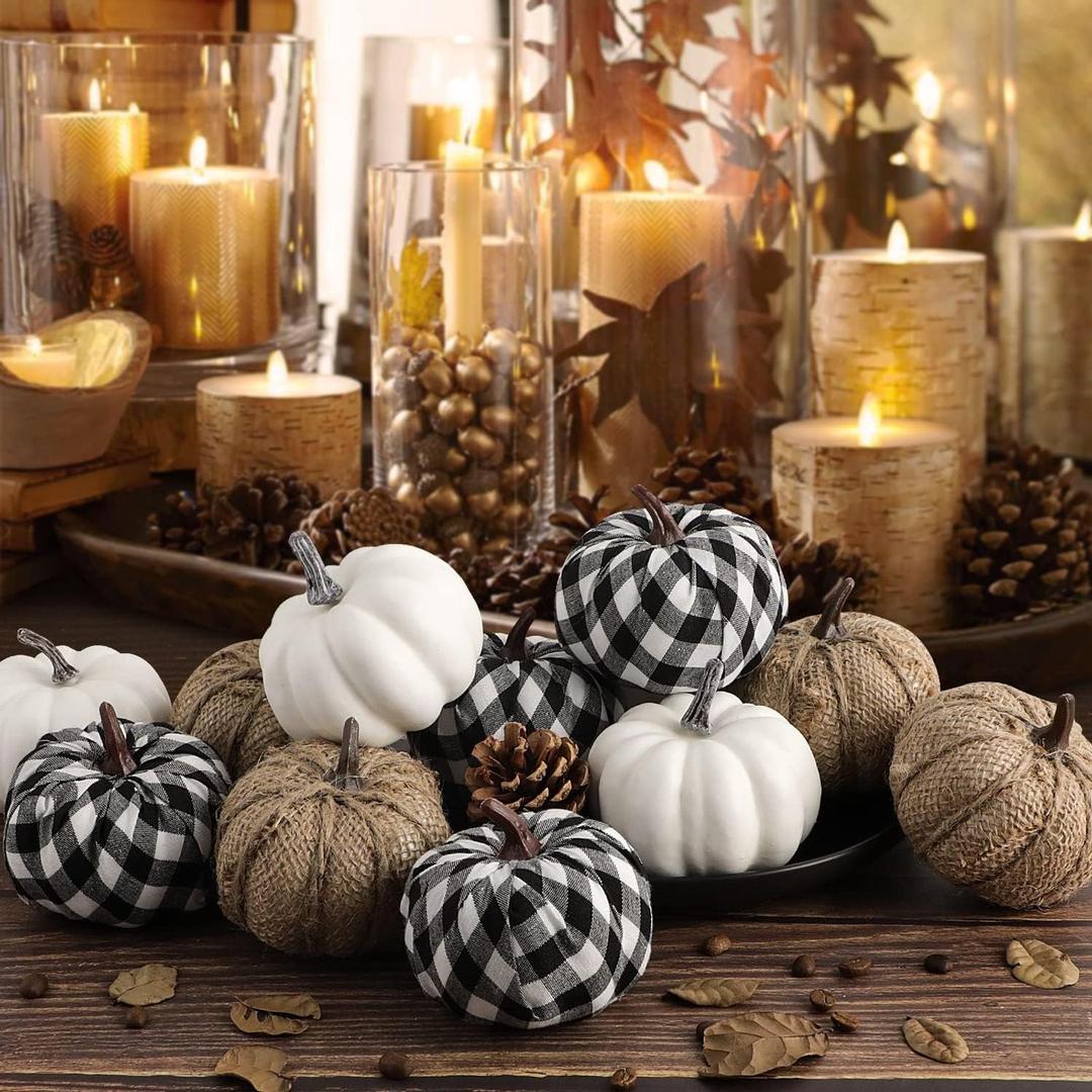 Ywlake 12 Pcs Mixed Assorted Sizes Artificial Pumpkins, Paintable White Fake Pumpkin Plaid Fabric Burlap Pumpkins for Fall Harvest Thanksgiving Halloween Decoration Faux Pumpkins Outdoor Decorating