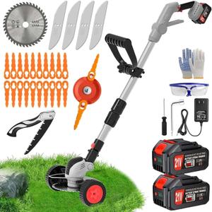 Electric Cordless Weed Wacker Battery Powered Eater,21V/4.0Ah Lightweight No-String Weed Trimmer with 2 Battery Operated& Wheels,3 in 1 Stringless Grass Trimmer/Edger/Brush Cutter for Garden Yard Lawn, Orange