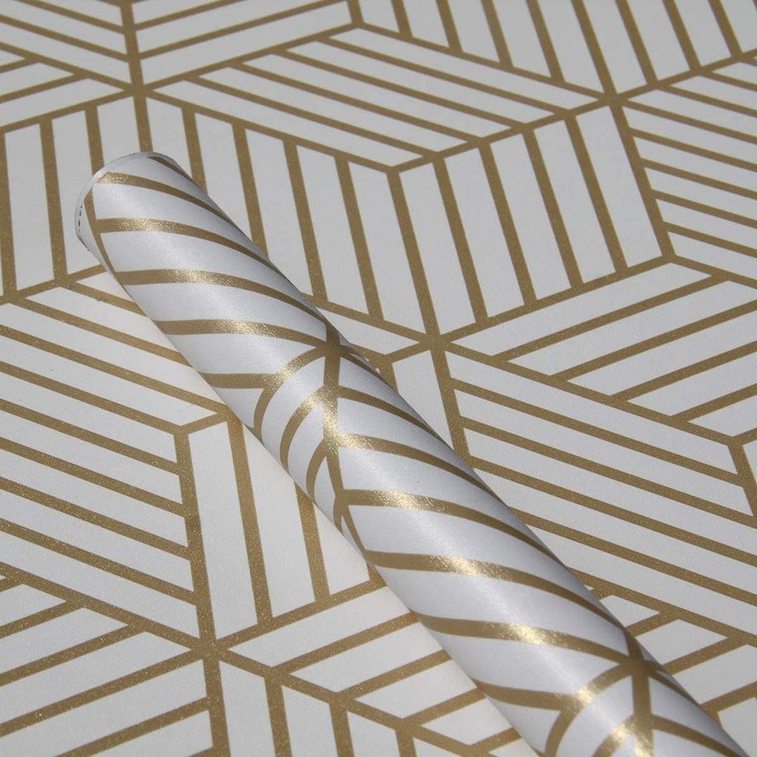JLHOUSE Vinyl Modern Stick and Peel Wallpaper Hexagon- self Adhesive Wallpaper Gold Removable Wall -Paper for Kitchen Bedroom Living Room Walls -17.7inch x 118inch/Roll