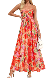 PRETTYGARDEN Women Strapless Maxi Dress 2026 Summer Floral Tube Top Ruched Beach Spring Wedding Guest Long Dresses, Floral Orange, Size S