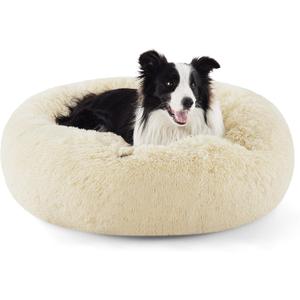 Bedsure Calming Dog Bed for Large Dogs - Donut Washable Large Pet Bed, Anti-Slip Round Fluffy Plush Faux Fur Dog Bed, Fits up to 80 lbs Pets, Ivory Beige, 36 inches