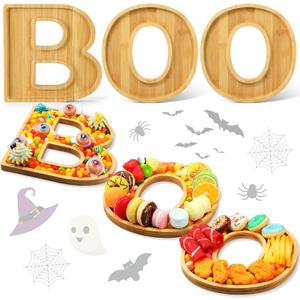 FillTouch Boo Wooden Charcuterie Letters Fillable Halloween Serving Tray Charcuterie Board Dish Decorative Cheese Platter for Snack Food Cake Cookies for Halloween Party