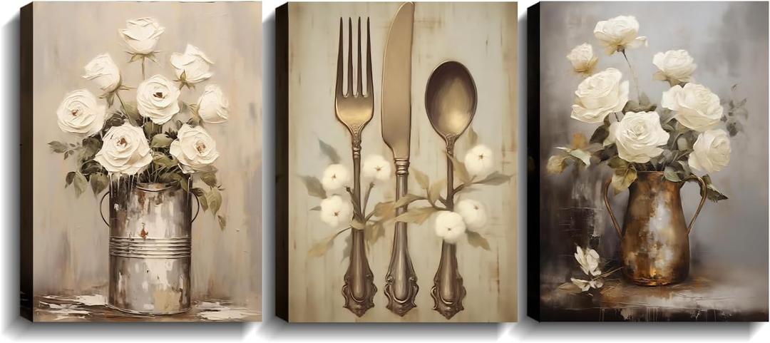 Kitchen Wall Art 3 Pcs Vintage Canvas Fork Knife Spoon Picture Retro White Flower in Pot Painting Print Arkwork for Dining Room Restaurant Home Decor Framed(Art-4,11.00"x14.00"x3P)